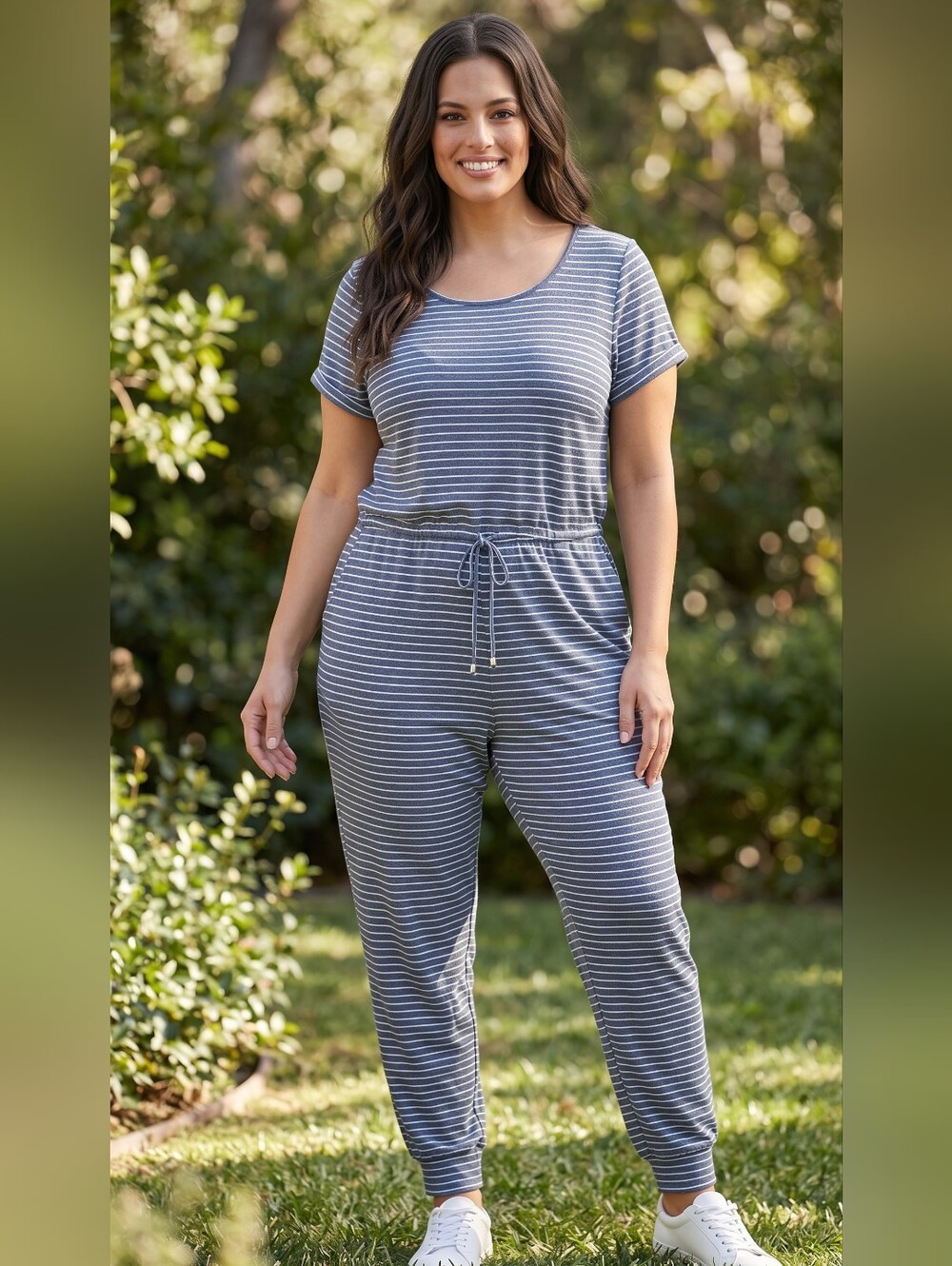 Blue And White Striped Short Sleeve Jumpsuit With Pockets, Drawstring Waist